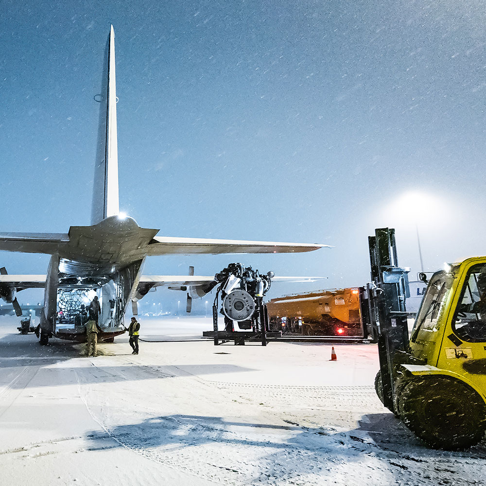 air freight being loaded in the snow
